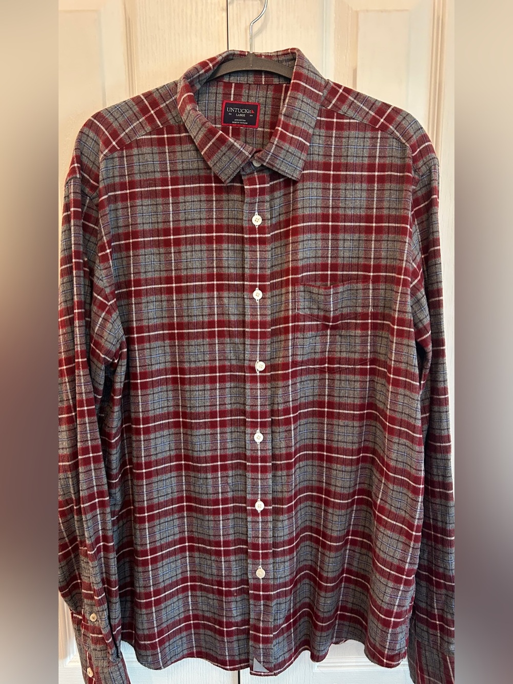 UNTUCKit Cabero Flannel Red Gray Plaid 100% Cotton Men's L EUC